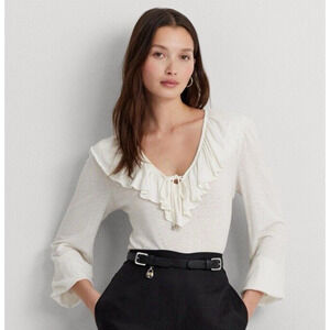 NEW Lauren Ralph Lauren Womens Ruffled Blouson Long Sleeve Top Ivory Linen Large
